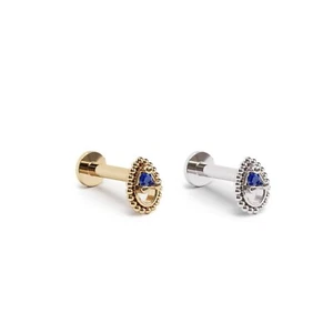 14K REAL Solid Gold Sapphire Teardrop Beaded Stud Helix Tragus Cartilage Earring - Picture 1 of 8
