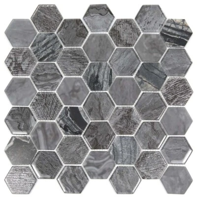 Mosaic Tiles Sheet Rimini Hexagon Grey Stone And Glass Gloss for Walls Floors - Image 1 of 4