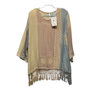 Tunica artistica Marcia & me & Co vintage rayon orlo frange 2x multicolore folklore - Foto 1 di 8