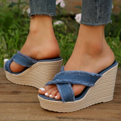 Mujeres Verano Plataforma Peep Toe Dama Denim Cuña Suela Gruesa Zapatillas Zapatos de salón Foto 1 de 4