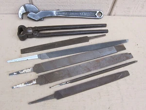LOT of 8 ANTIQUE HELLER BRO TOOLS : SELF-ADJ WRENCH, FILES, NIPPER - Picture 1 of 12