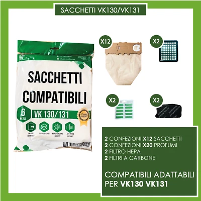 SACCHETTI FOLLETTO VORWERK VK130 VK 131 + 20 PROFUMI + 4 FILTRI KIT NO VK200 220