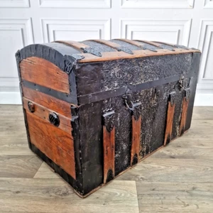Antique Domed Top Steamer Trunk Stagecoach Pirate Chest Pressed Tin Wood Banded - Picture 1 of 24