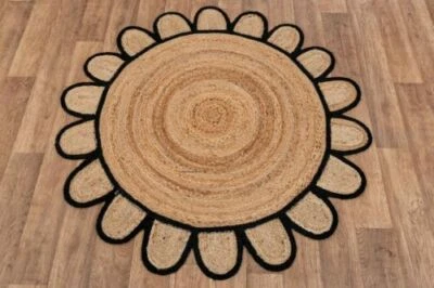 Rug Round Jute Scallop Design Hand Braided Farmhouse Jute Area Rug Beige + Black - Image 1 of 4
