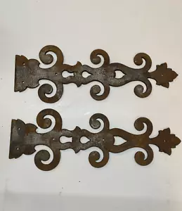 Pair Early Large Ornamental Iron Hinge Straps- Leaf, Scrolls & Cut outs ~ HW110 - Picture 1 of 8