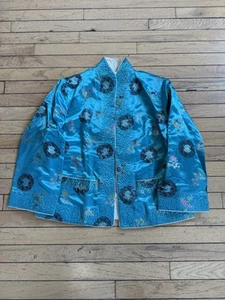 Vintage 60s 70s Silk Rayon Embroidered Kimono Shirt Jacket M/L Chinese Reverse - Picture 1 of 15