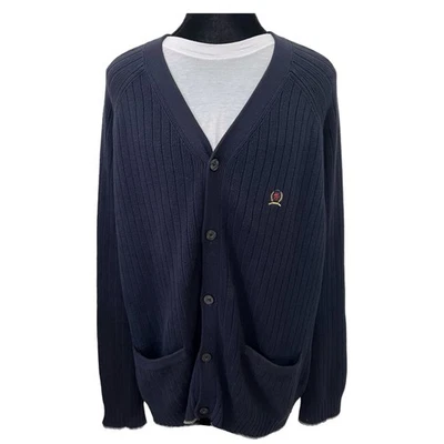 Винтажный кардиган Tommy Hilfiger 90-х темно-синий вязаный свитер гранж - мужской XXL - Изображение 1 из 4