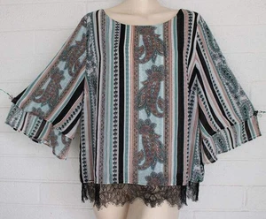 Chico's 2 L 12 14 Colorful Paisley Striped Tiered Sleeves Layered Oversized Top - Picture 1 of 6