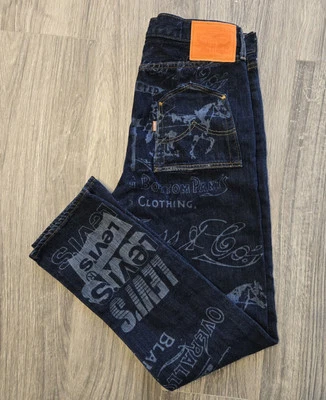Levi's 501 Dark Wash Orange Tab Jeans 31x32 All Over Print Extremely Rare  - Image 1 of 4