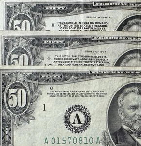 Lot of 3 $50 FRN Series 1928A (G), 1934 (L), & 1950A (A) Mid-Grade - Picture 1 of 3