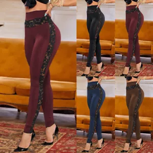 Womens Lace High Waist Leggings Pants Ladies Skinny Slim Fit Bottoms Trousers 16 - Picture 1 of 17