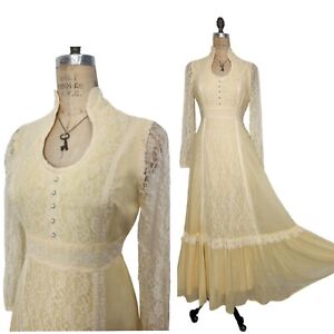 Vtg 70s YELLOW Maxi Victorian Gunne Sax Style Lace Prairie Medieval Dress sz M