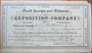 Rome, GA 1881 Stock Certificate: 'North Georgia & Alabama Exposition Company' - Picture 1 of 1