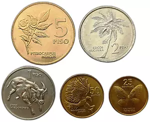 FILIPPINE - SET DI 5 MONETE 25 CENTIMOS - 5 PISO 1991 - 1994 ANIMALI - UNC - Foto 1 di 2