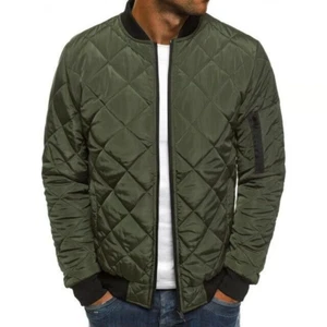 Men's Puffer Jacket Bomber Size Medium Green Full Zip Quilted Casual Coat Argyle - Picture 1 of 2