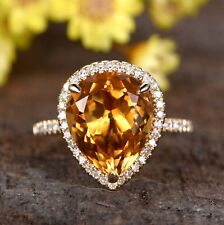 Tear Drop Citrine Diamond Ring 14k Gold Vintage Citrine Halo Diamond Ring