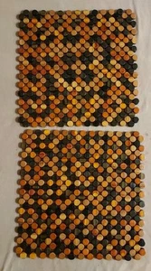 Pair (2) Wooden Square Beaded Boho Placemat Orange Brown Lt Dk Wood 2 Sided 14" - Picture 1 of 9