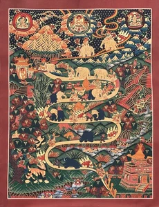 SAMATHA MEDITATION / WAY TO HEAVEN ORIGINAL MASTERPIECE TIBETAN THANGKA PAINTING - Picture 1 of 11