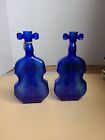 VTG Cobalt Blue Glass Violin Cello Shaped 8" Bottle Vase Decanter Set of 2