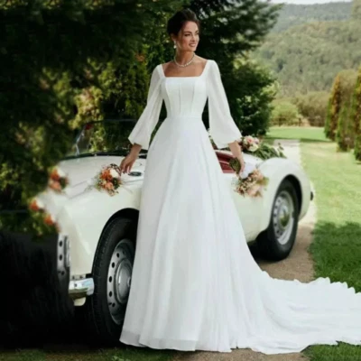 Simple Chiffon Wedding Dresses Long Sleeve Backless Sweep Train Bridal Gowns  - Image 1 of 4