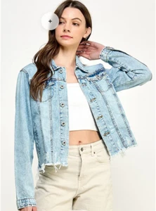 LADIES CROPPED DENIM JACK WITH DISTRESSED, Size-M, Light Blue - Picture 1 of 7