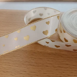 Beautiful Gold Heart Antique White Polyester Satin Ribbon 2M 22mm Wire Edge LQ - Picture 1 of 3