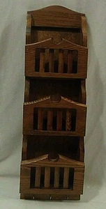 SOLID WOOD WALL MOUNTED 3 SLOT MAIL ORGANIZER and KEY RACK - 3 Brass Hooks, NICE - Picture 1 of 10
