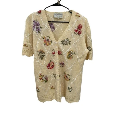 Vintage Susan Bristol Sweater Cardigan Button Front Floral Embroidery Size XL - Image 1 of 4