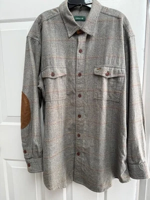 Orvis Shirt Mens XL Plaid Button Up Elbow Patch Leather Trim Flannel Gray - Image 1 of 4