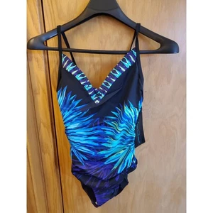 Aqua Green Women's V-Neck One Piece Swimsuit Black Print Size M - Bild 1 von 5