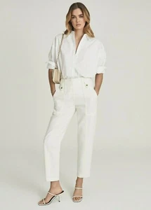 REISS ALANA Cotton Tapered Cargo Denim Women's Trousers in White