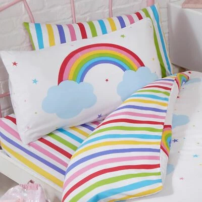 Juego de sábanas y funda de almohada individuales a rayas Rainbow Sky niños niñas Foto 1 de 2