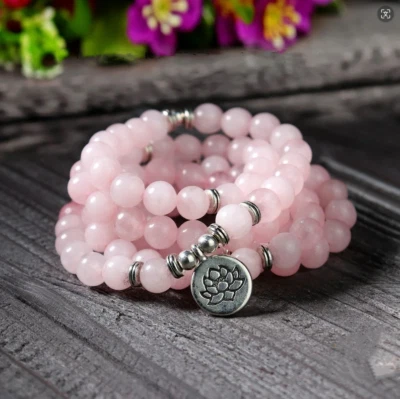 108 Mala Beads Rose Quartz Prayer Healing Crystal Spiritual Protection Bracelet - Image 1 of 4