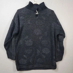 Vintage Huntington Ridge Floral Rose Knit Sweater Button Neck Pearl Detail Gray - Picture 1 of 17