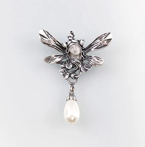 9901262-d 925er Silber Jugendstil nach Mucha Brosche mit Perle 4x5cm - Picture 1 of 1