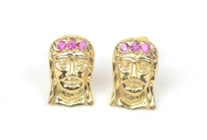 14k Yellow or White Gold Jesus Face CZ Stud Earrings - Picture 1 of 12