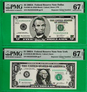 2 Repeaters Binary S/N 22252225 & 52225222 $5 & $1 Federal Reserve note PMG 67 - Picture 1 of 2