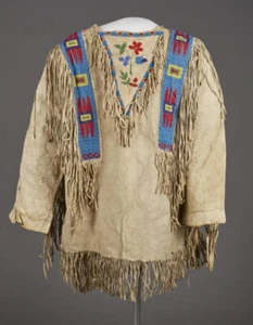 Old Style Beaded Hand Colored Buckskin Suede Hide Powwow Regalia Shirt NS80 - Picture 1 of 5