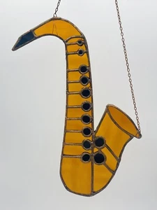Unique Stained Glass Saxophone Art Suncatcher Musical Instrument Amber Glass - Picture 1 of 23