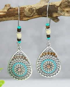 Drop Dangle Turquoise / Ivory / Wood Beaded Silver Tone Waterdrop Earrings ๐ - Picture 1 of 2