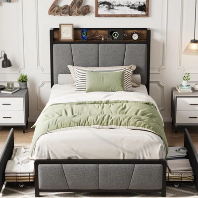 Twin-XL Size Bed Frame with 2 Storage Drawers and Charging Station, Rustic Li... - Image 1 of 4