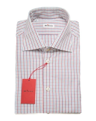 Camisa de vestir Kiton $1,295 nueva con etiquetas roja azul blanca a cuadros de algodón ajustada (41 eu) 16 EE. UU. Foto 1 de 4