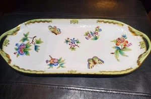 Herend Queen Victoria green rim flowers butterflies sandwich tray 14.5 inch - Picture 1 of 4