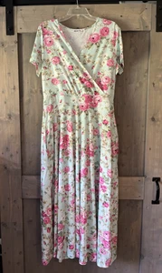 HUHOT Maxi Dress Mint Pink Floral Cottage Short Sleeves Faux Wrap Women's XL - Picture 1 of 5