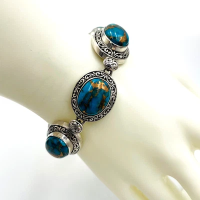 Brazalete de eslabones de plata esterlina 925 turquesa cobre azul legado de Bali ornamentado oeste Foto 1 de 4