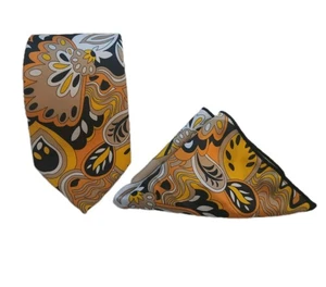  Paisley 100%Silk Men's Tie  Set  W/ Pocket Square-Orange, Yellow, White, Black - Picture 1 of 5