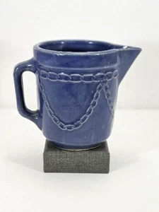 1930’S Blue Stoneware Pitcher Monmouth Pottery Chain Link 5 1/4”T X 4 1/4” W - Picture 1 of 18
