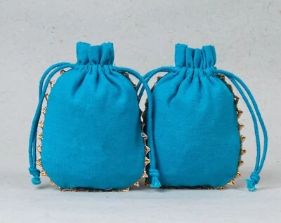 25 Pcs Sky Blue Drawstring Round Gota Lace Customize Logo Jewelry Pouch 4x6 Inch - Image 1 of 4