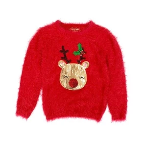 Kids Red Jumper Christmas Cardigans Girls Sparkly Sequin Reindeer Furry Sweater - Picture 1 of 8