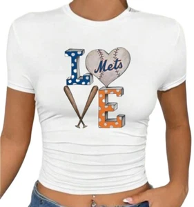 New York Mets Solid Ruched Side Crop Tee Sz 8/10 Slim Fit Juniors - Picture 1 of 3